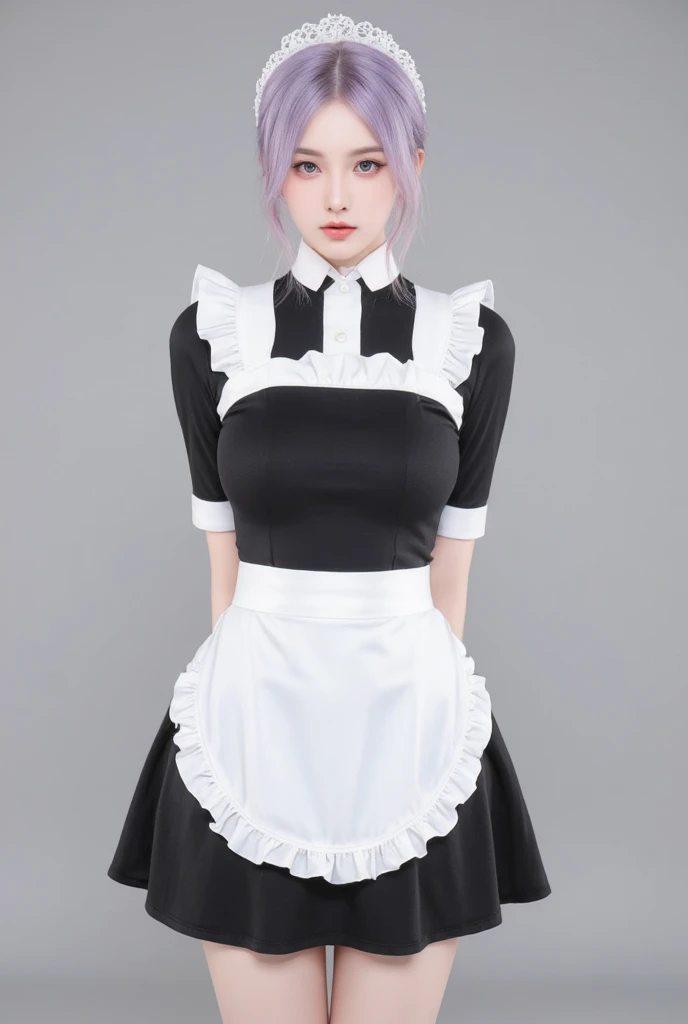 ((((masterpiece, best quality, high resolution)))), Extremely detailed 8K, Beautiful girl with voluptuous body, (Ultra HD, Ultra-detailed, Highly detailed, Highly realistic, Ultra-realistic, photograph realistic), (1girl:1.5), (Realistic white hair), (short wavy hair, hair ornaments, earrings), (dynamic poses), facing at camera, looking at viewer, (blushing red, embarrassed, smile), (purple eyes, sharp eyes), (perky breasts:1.2), (beautiful detailed face, beautiful detailed eyes), ((maid outfit, maid apron, cat ears headband)), (detail pussy), (standing up), sweat, glow, (sunbeam, sunlight), ((cowboy shot)), coffee shop, seductive