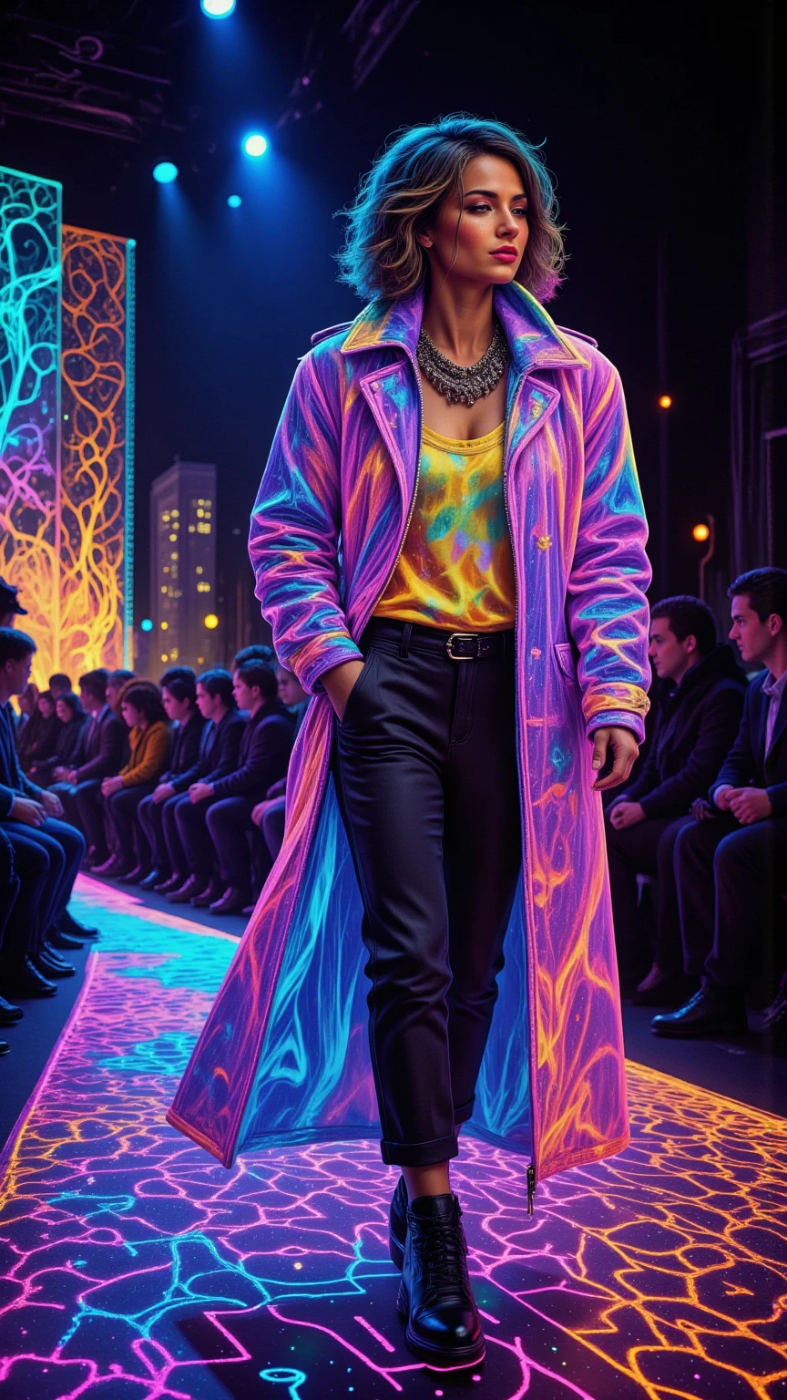 Create a hyper-realistic depiction of a vibrant 1980s music stage set against a dazzling neon cityscape. The scene features a dynamic fashion show, showcasing unique 80s style clothing, complete with bold patterns and extravagant accessories. Capture the raw emotion and excitement of the moment, with models strutting confidently under bright neon lights, surrounded by an audience immersed in the spectacle. Incorporate unusual and vibrant colors, with a backdrop of holographic elements and psychedelic designs, evoking a sense of trippy nostalgia. Include intricate details like a honeycomb pattern in the stage design, enhancing the overall atmosphere of this magical, electrifying night.