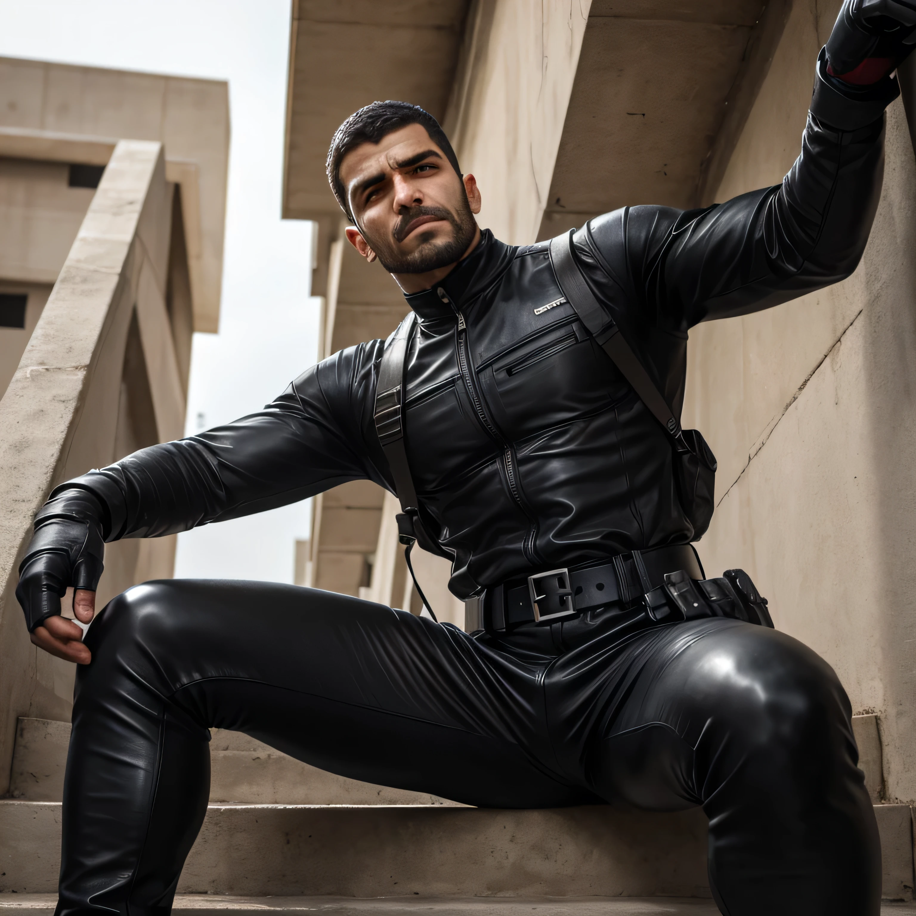 Age 35, One Man,、 black bodysuit 、Shocker Belt、 black gloves、 with a pistol on your waist、In combat、outside、 on concrete、logic, , black hair、Short Hair。 very short hair 、 handsome fighter The handsome face of an Iraqi Sniper、Prey-Aiming Posture 、 Seen From Below。 upper body up Black leather pants pants chuck Combatant Ascending stairs sit Menacing look