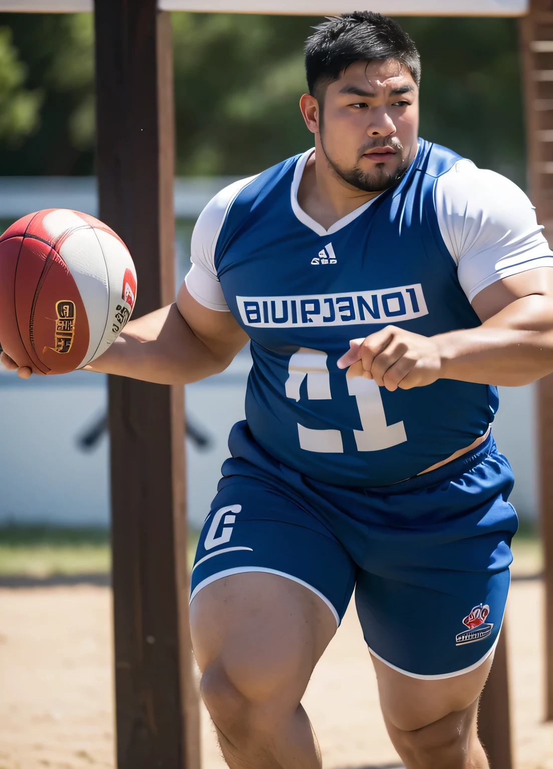 ((highest quality)), ((masterpiece)), (detailed), ((Perfect Face)), 4k, Shaved head, Young Japanese, Muscular, Fat body, Very big man, smile, ((showing off crotch))A large Japanese man topless、whole body、Rugby、Thick legs、Thick arm muscles、Intimidating、whole body、wearing a very tight black shorts
