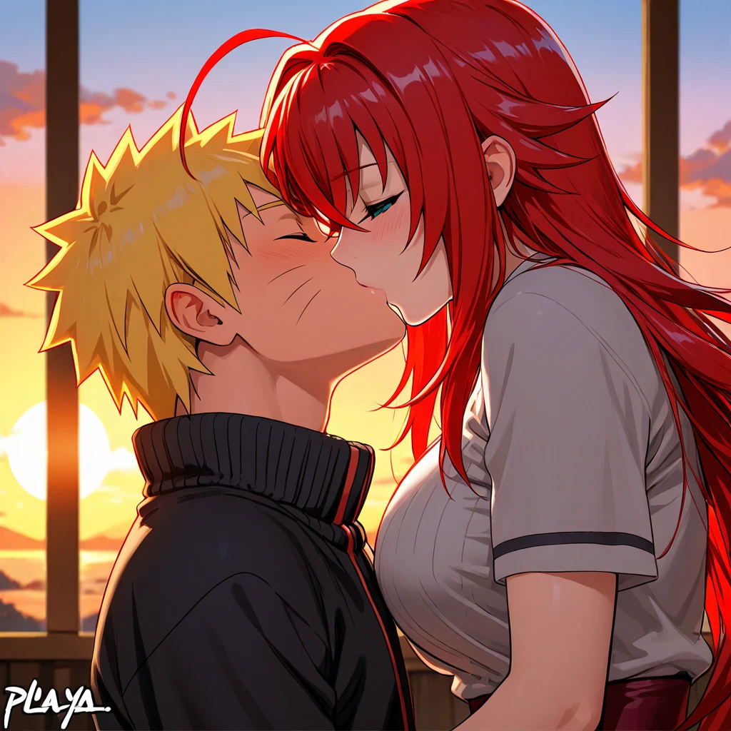  high resolution image,  masterpiece,  better quality ,  amazing quality ,  Naruto Uzumaki ,  Rias Gremory  , couple , love , romance , sunset , romantic moment , playa  , kiss  