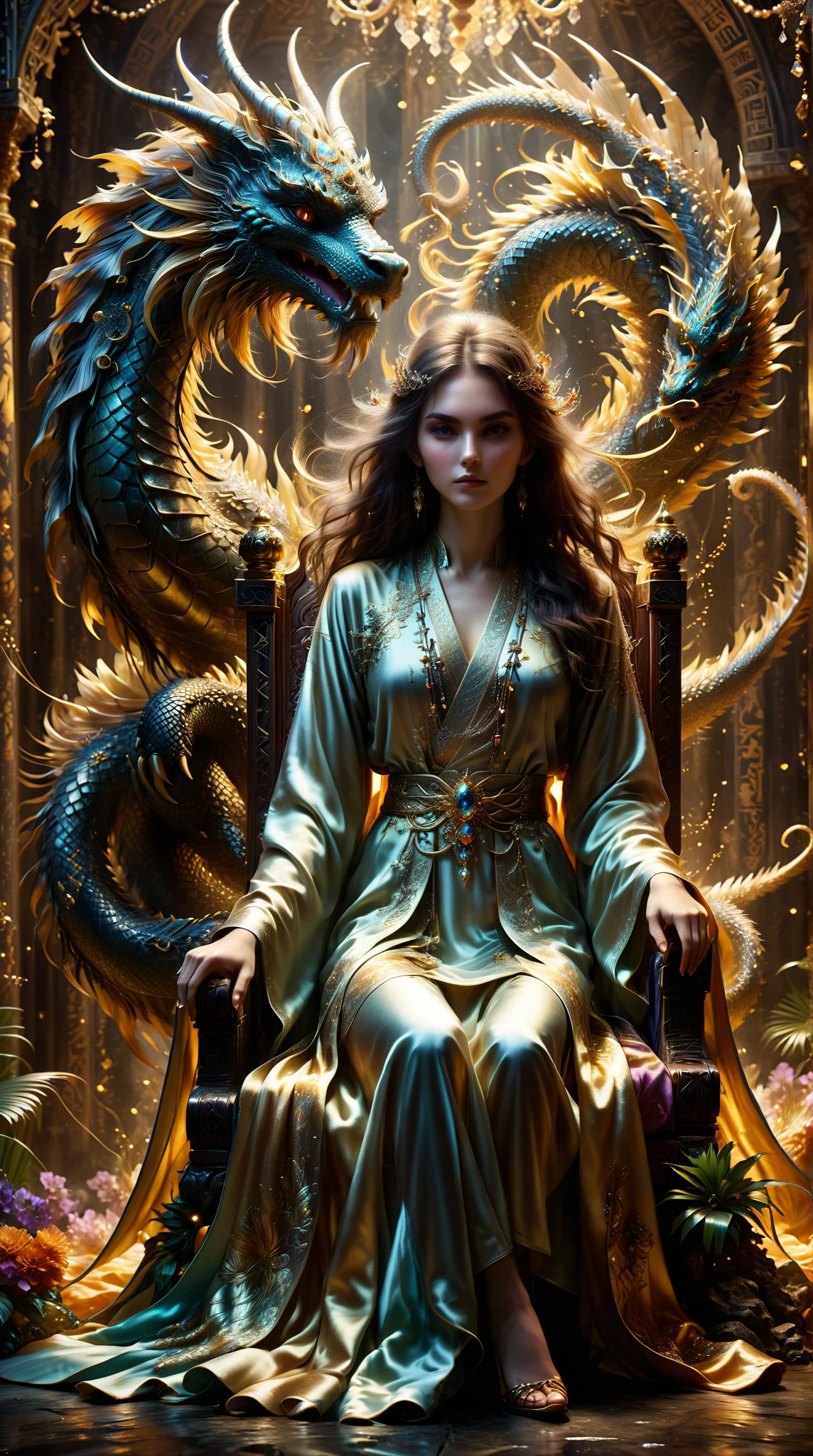 Pop Mart style， sits on a throne， Sharp Eyes ， A beautiful jewel ， A girl in a long summer robe ， A spectacular palm ， Wandering sword ， Winding dragon's claw ， Formidable sitting position ， gold mane，Dreamy ，Ethereal，flowing robe