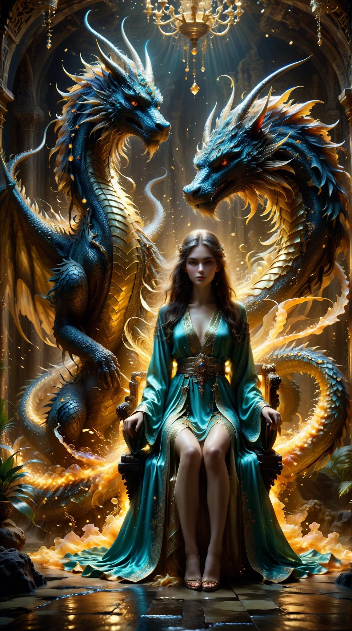 Pop Mart style， sits on a throne， Sharp Eyes ， A beautiful jewel ， A girl in a long summer robe ， A spectacular palm ， Wandering sword ， Winding dragon's claw ， Formidable sitting position ， gold mane，Dreamy ，Ethereal，flowing robe