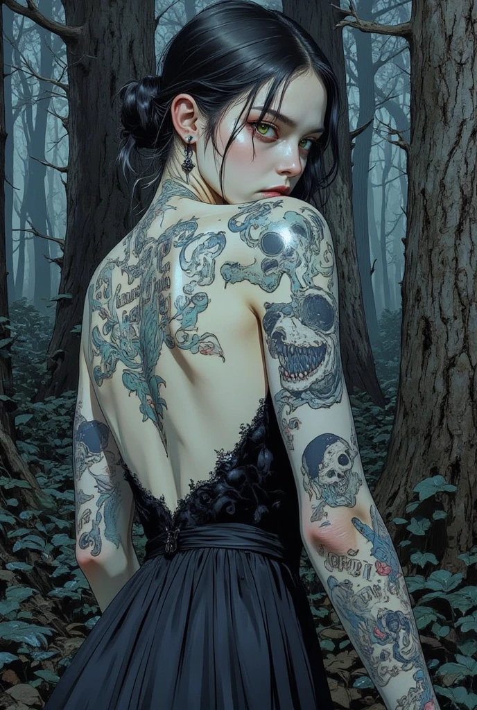 Anime, artwork, theme is "Cursed Statue Deep in the Forest", there is a photo of a woman in a backless dress with a tattoo with "Cursed Statue Deep in the Forest" on her back, looking back, feminine gothic aesthetic, close up details, detail shot, clear details, artsy love blow style, silkscreen art, close up photo, extra fine ink details, silkscreen print, highly detailed, vulgar