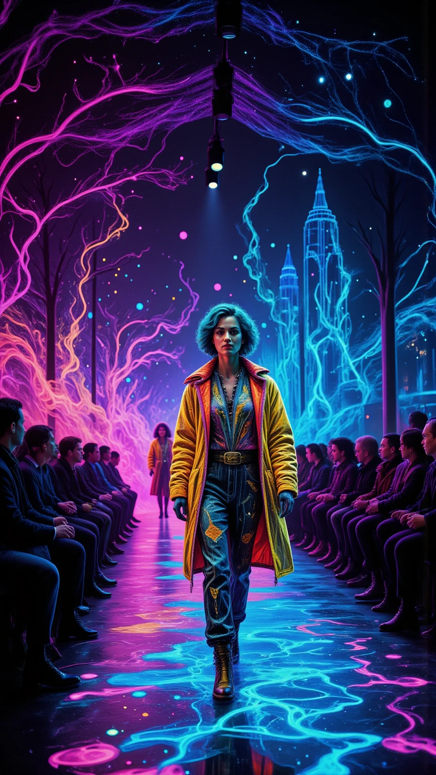 Create a hyper-realistic depiction of a vibrant 1980s music stage set against a dazzling neon cityscape. The scene features a dynamic fashion show, showcasing unique 80s style clothing, complete with bold patterns and extravagant accessories. Capture the raw emotion and excitement of the moment, with models strutting confidently under bright neon lights, surrounded by an audience immersed in the spectacle. Incorporate unusual and vibrant colors, with a backdrop of holographic elements and psychedelic designs, evoking a sense of trippy nostalgia. Include intricate details like a honeycomb pattern in the stage design, enhancing the overall atmosphere of this magical, electrifying night.