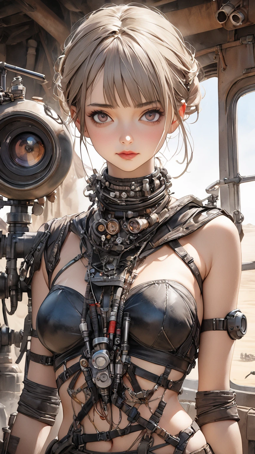 1girl, biomechanical body with wires and holes, wearing bondage torn outfit, smirk, city alley