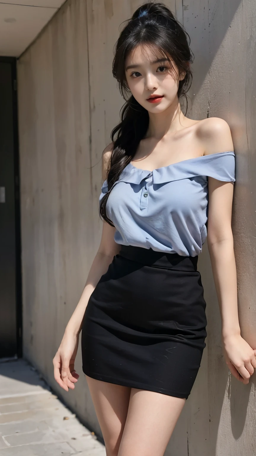 detailed background, masterpiece, best quality, 1 person , curly hair, long hair, purple eyes, star in eye , blue Strapless blouse, long  skirt