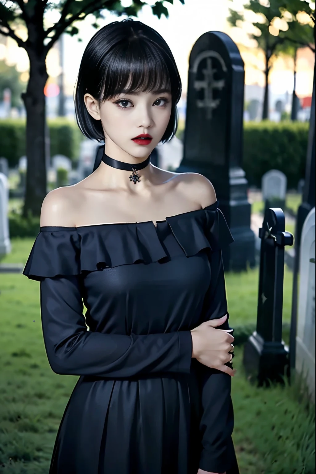  black hair、 Very Shorthair、Deep red lipstick、 Black Off-the-Shoulder、 black choker with long sleeves 、２５The Old Countess's Daughter 、((Cemetery at midnight))、 uneasy expression、