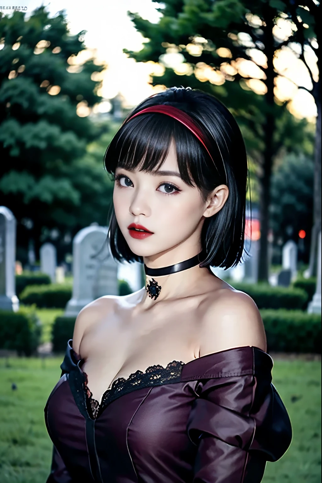  black hair、 Very Shorthair、Deep red lipstick、 Black Off-the-Shoulder、 black choker with long sleeves 、２５The Old Countess's Daughter 、((Cemetery at midnight))、 uneasy expression、