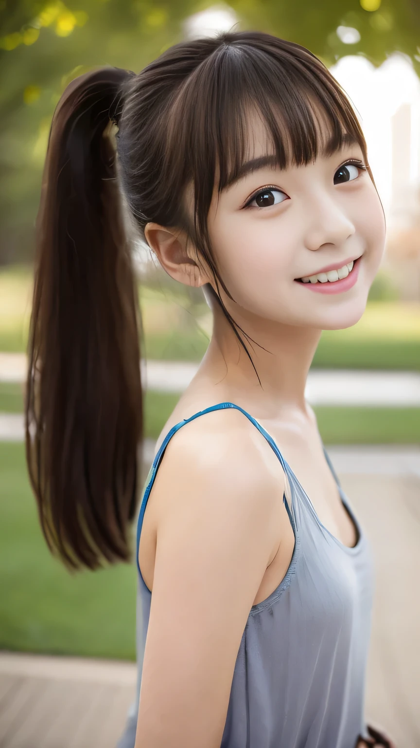 Japanese girl 、、 bright expression、( Bending Forward :1.0)、 photorealistic :1.32、 best quality 、 super A high resolution、 MOST BEAUTIFUL JAPANESE GIRL PHOTOS 、 cute and beautiful face details that reveal sexual activity 、Small face、(Purelos Face_v1:0.008)、Beautiful bangs、、Shine, growing skin to interact with the audience、Hair tangled on face 、bangs extending to the face、bangs、 hair between your eyes、 charming brown silky hair 、 bright 、, clear eyes shine attractively、 dynamic poses、 best quality 、 disorganized 、、(( tank top :1.3))、( ponytail from below the surface:1.3)、(Tie with a thin white ribbon)、 innocent smile、 Let me eat、Beautiful smile、 Cleveland 、(Big Breasted :1.3)、 side tail、 brown hair、Waistline、 , detailed beautiful eyes 、View your viewers、 upper body、 face close-up、Front View、