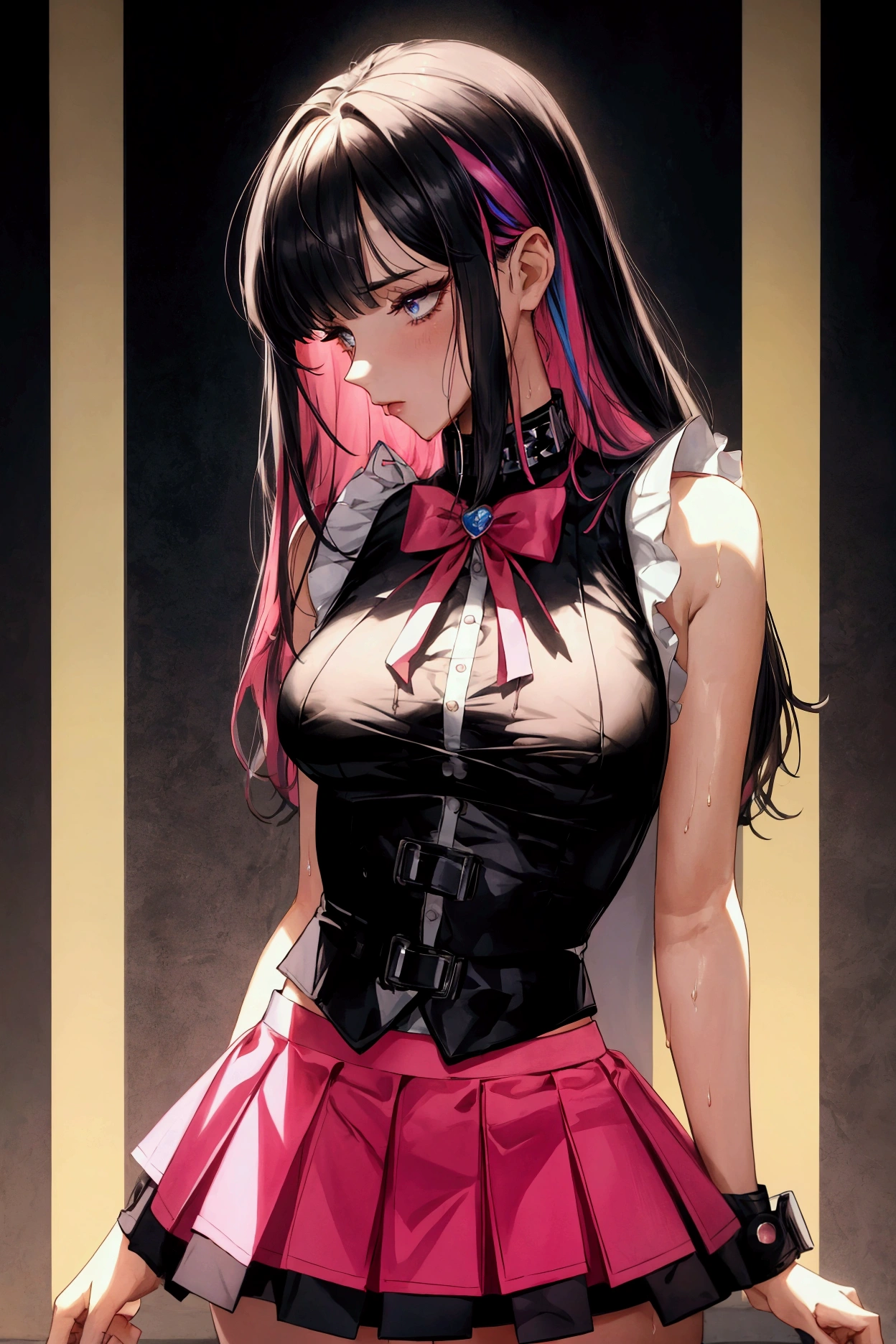 An anime woman 25 years old, medium wavy black hair, pink eyes, medium chest, wearing a sexy black lace corset, short black skirt and long black stockings, posing in his room