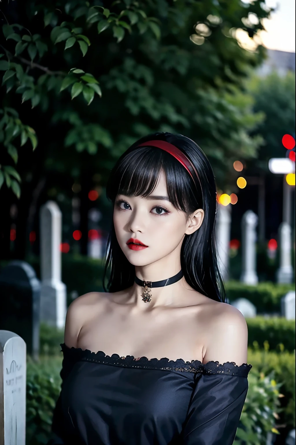  black hair、 Very Shorthair、Deep red lipstick、 Black Off-the-Shoulder、 black choker with long sleeves 、２５The Old Countess's Daughter 、((Late Night,Cemetery))、 uneasy expression、