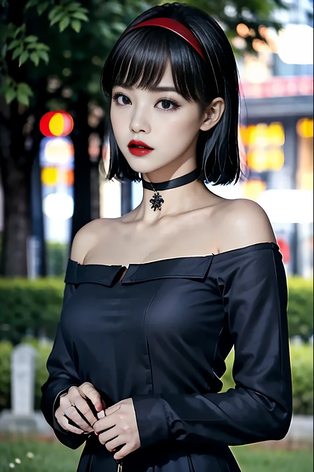  black hair、 Very Shorthair、Deep red lipstick、 Black Off-the-Shoulder、 black choker with long sleeves 、２５The Old Countess's Daughter 、((Late Night,Cemetery))、 uneasy expression、