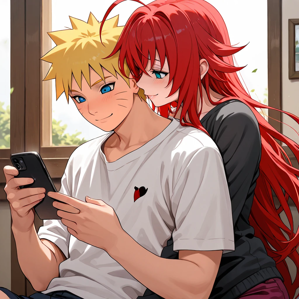  high resolution image,  masterpiece,  better quality ,  amazing quality ,  Naruto Uzumaki ,  Rias Gremory  , couple , love , romance , photo with cell phone , foto de couple , romantic moment , smile