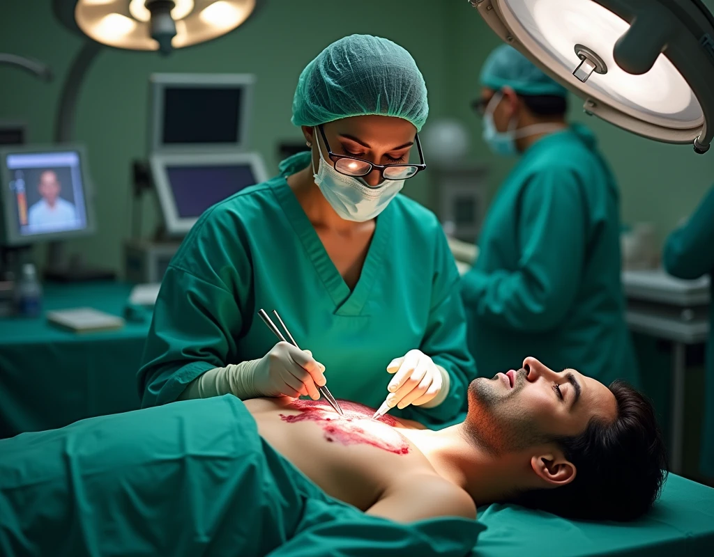 Aishwarya Rai as surgeon, wearing green scrubs, wearing surgical mask and skull cap, wearing surgical glasses, doing heart surgery on male patient, in operation theatre, fullbody view, cutting the chest using scalpel, topdown view,