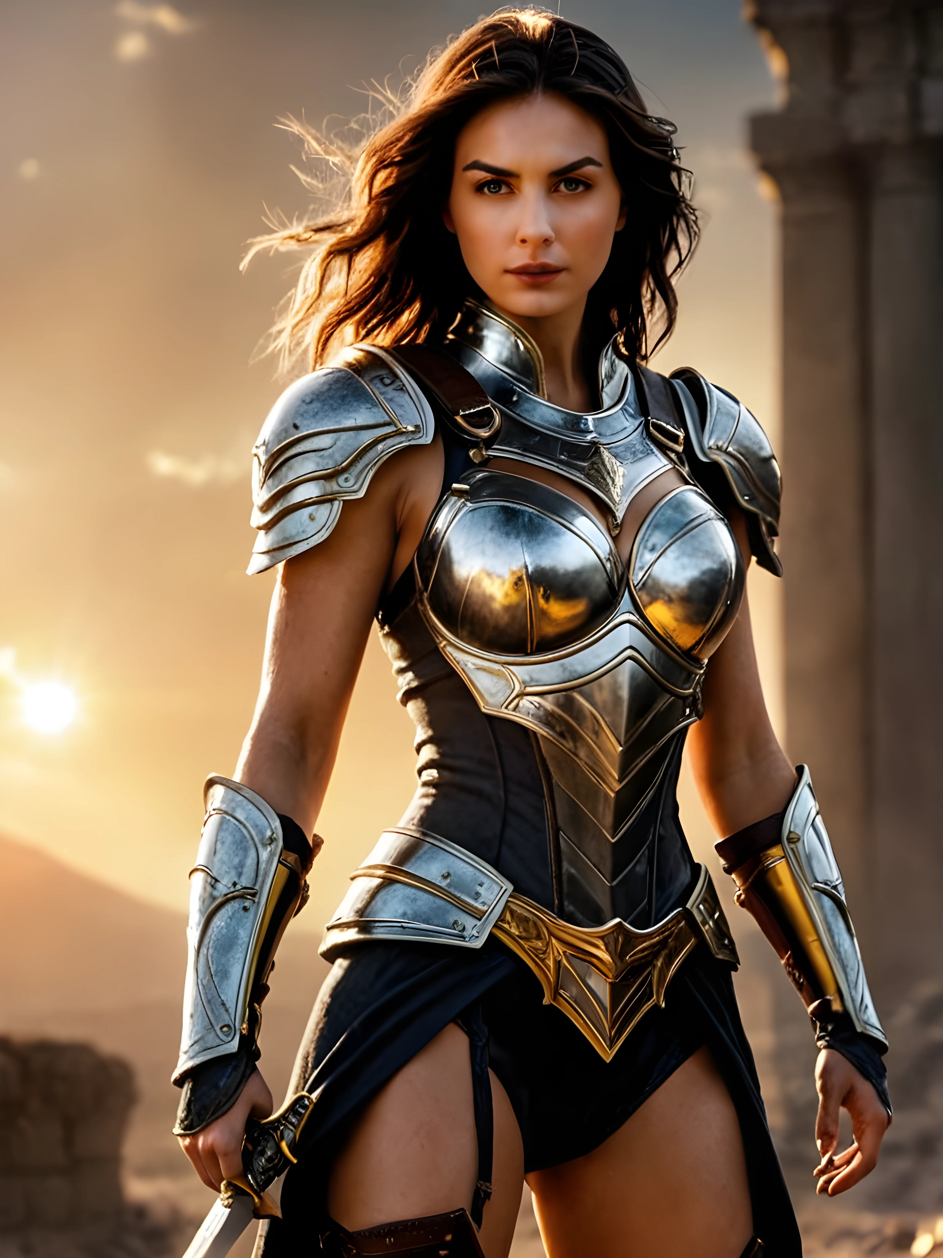 smooth lines, Express expressions and postures through ink contrast, The background is simple. emphasize light, shadow and space. ((full body):1.3), Drawing of Mature beauty. ((Detailed eye):1.3),((fresh)), wearing gladiator armor, painting, (best quality,4K,8k,high resolution,masterpiece:1.2),Super detailed,(actual,photoactual,photo-actual:1.37).
