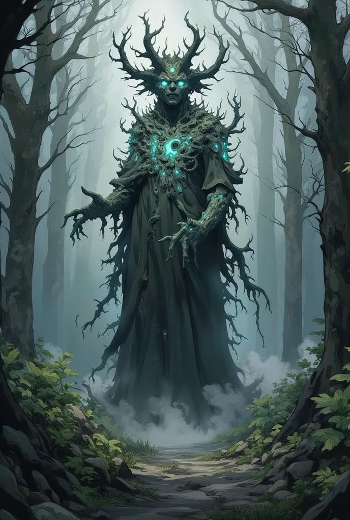 An anime, a work of art, the theme is "The Cursed Statue Deep in the Forest", a giant tree hidden deep in the forest has been twisted into the shape of a cursed demon statue, the horror of curses, a hidden presence in the misty forest on a moonlit night.