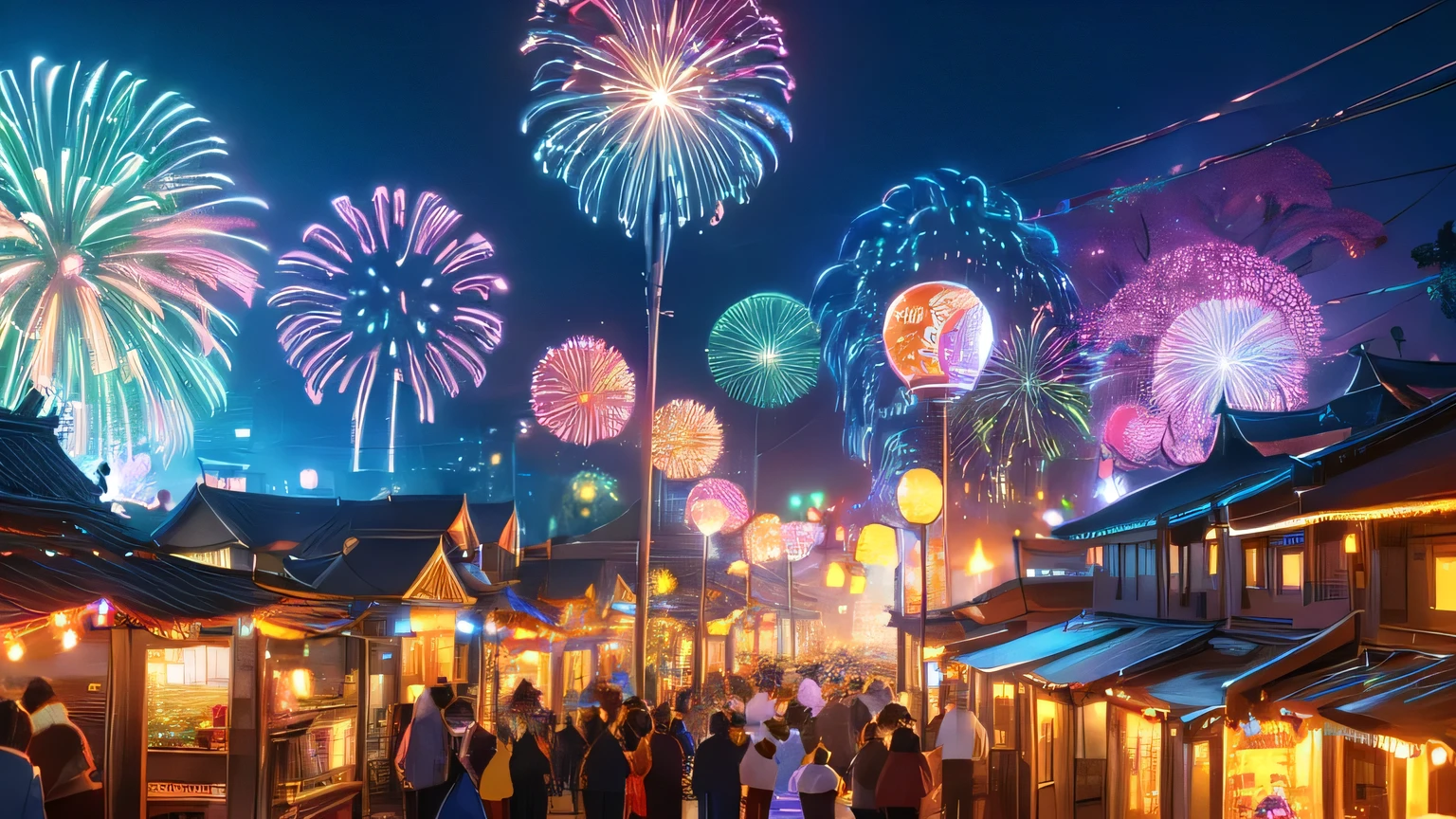 A vibrant New Year festival in Thailand at night, featuring colorful fireworks lighting up the sky, a traditional Thai market with lanterns and festive decorations, people dressed in traditional Thai attire, and a bustling crowd enjoying the celebrations. Include a large stage with cultural performances, like Thai classical dancing, and a warm, joyful atmosphere with a mix of modern and traditional elements.