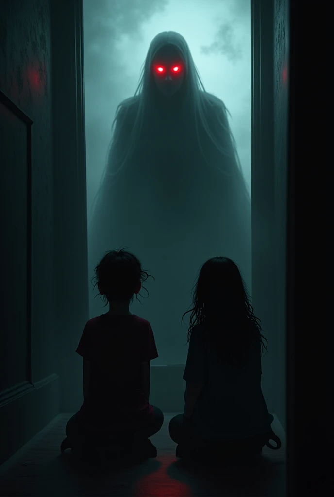 Darkness was closing in around the room, and the ghostly shadowy figure in the middle was advancing towards them. One of them screams in terror, an expression of helplessness in his eyes.