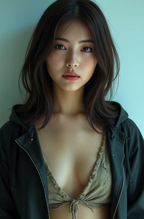 1girl, solo, underwear, panties, breasts, navel, white panties, hood, medium hair, looking at viewer, indoors, open clothes, hoodie, lips, collarbone, jacket, brown hair, small breasts, standing, realistic, sleeves past wrists, cowboy shot, no bra, black jacket, brown eyes, bangs, long sleeves, hair ornament, black hair, hood down, upper teeth, open jacket, black hoodie,