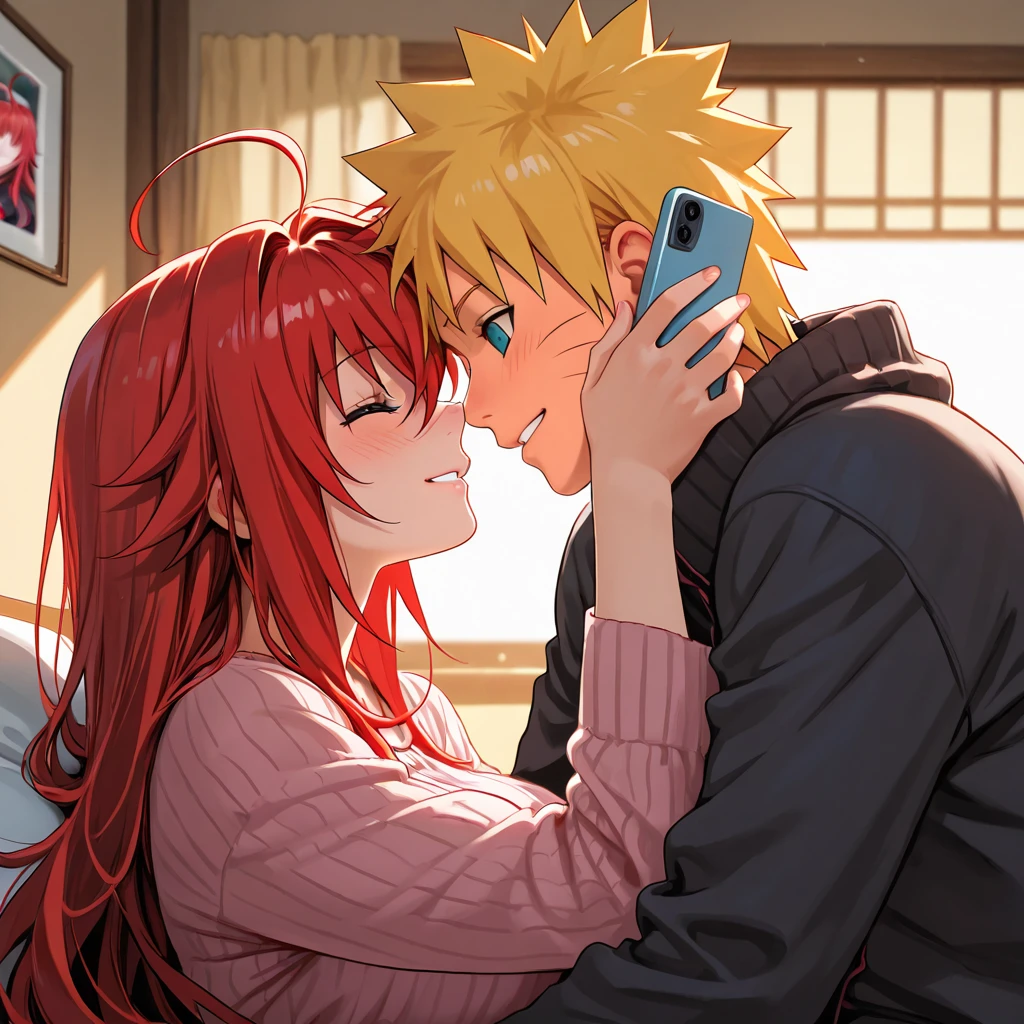  high resolution image,  masterpiece,  better quality ,  amazing quality ,  Naruto Uzumaki ,  Rias Gremory  , couple , love , romance , photo with cell phone , foto de couple , romantic moment , smile