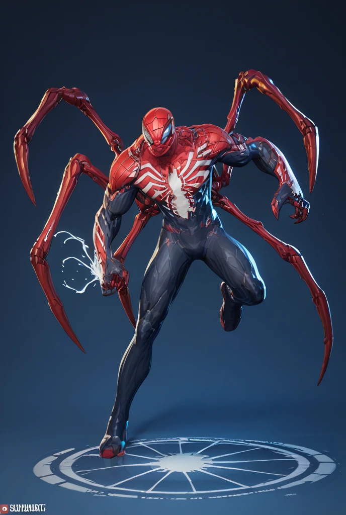 The Cyber Arachnaut suit is sleek and menacing:
	•	A metallic black and crimson body with glowing blue energy conduits resembling spider legs branching across his torso and limbs.
	•	The mask is angular and featureless, save for glowing, eight-pointed eyes that shift intensity based on his emotional state.
	•	The forearms feature retractable claws and emitters for energy-based attacks.
	•	The back holds modular thrusters and an extendable “arachnid rig” of mechanical legs used for scaling walls, hacking terminals, or grappling enemies.