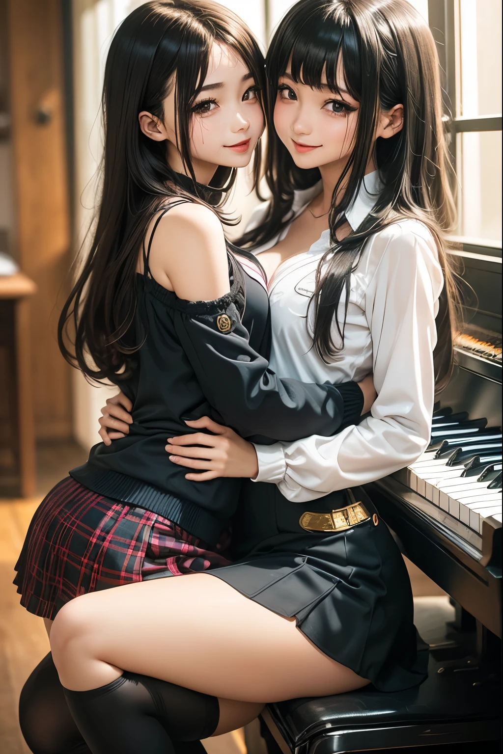 High School Girl Blazer、 uniform、Red checked skirt、JK Style、Jacket、smile、Knee-high socks、Thigh-high socks、pantyhose、Great beauty、So cute、Malaise、Rare beauty、Twin tail hair、Black dark eyeshadow、sad、Good skin radiance、Straightening iron for long hair、Dark Gothic Makeup、暗いsmile、The beauty of fragrance、Stained Glass Background、masterpiece、highest quality、See 5 books、Sweat glistening on my chest、Sweat glistening on the face、Small breast size、濃いPink Hair、Age: 22、Slightly slim、Playing the piano、sit and play an instrument、Piano available、Mysterious look、Sad look、Pink Hair、mysterious gothic church、enchanting castle、Sweating profusely all over the body、Lots of sweat on thighs and light、Shiny thighs、There is a lot of sweat glistening on my thighs、Copious sweat glistens on the thighs、Sweating profusely、Gal、Small breasts、The Face of Japan、Captivating look、The thighs are a little thin、Above-the-knee skirt、
