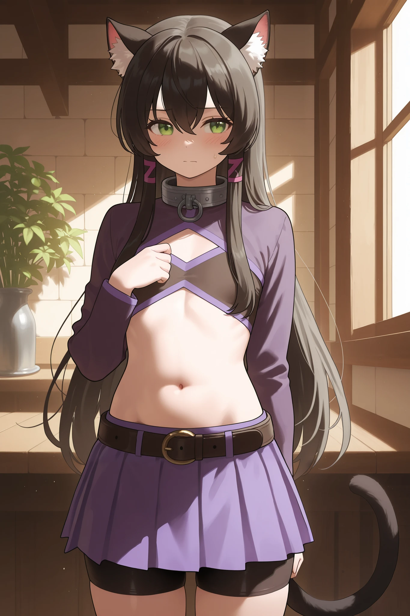 NSFW,masterpiece, best quality , High Resolution , very detailed,Rem Gallew 、 long hair、bangs、 black hair、 animal ears 、 hair between your eyes、非常に long hair、 green eyes、tail、 side lock、Cat ears、 cat's tail、 animal ears の毛, little chest, skirt 、 Long Sleeve 、belly button、プリーツ skirt 、 Shorts 、abdomen、belt、ミニ skirt 、stomach、collar、 bike shorts、紫色の skirt 、 skirt の下に Shorts 、beltポーチ、 skirt の下に bike shorts,inn, Fantasy, Bedroom
