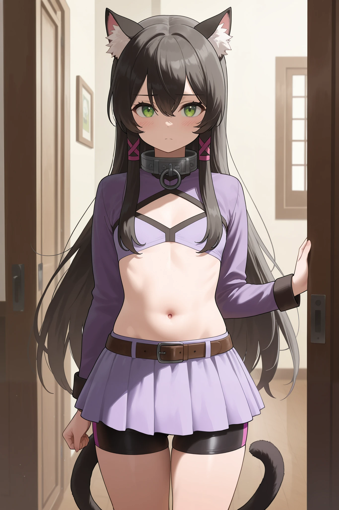 NSFW,masterpiece, best quality , High Resolution , very detailed,Rem Gallew 、 long hair、bangs、 black hair、 animal ears 、 hair between your eyes、非常に long hair、 green eyes、tail、 side lock、Cat ears、 cat's tail、 animal ears の毛, little chest, skirt 、 Long Sleeve 、belly button、プリーツ skirt 、 Shorts 、abdomen、belt、ミニ skirt 、stomach、collar、 bike shorts、紫色の skirt 、 skirt の下に Shorts 、beltポーチ、 skirt の下に bike shorts,inn, Fantasy, Bedroom