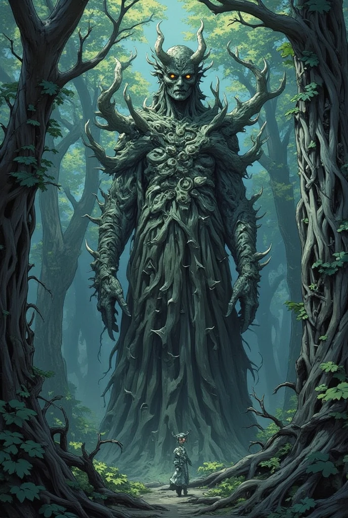 An anime, a work of art, the theme is "The Cursed Statue Deep in the Forest", a giant tree hidden deep in the forest has been twisted into the shape of a cursed demon statue, the horror of curses, a hidden presence in the misty forest on a moonlit night.