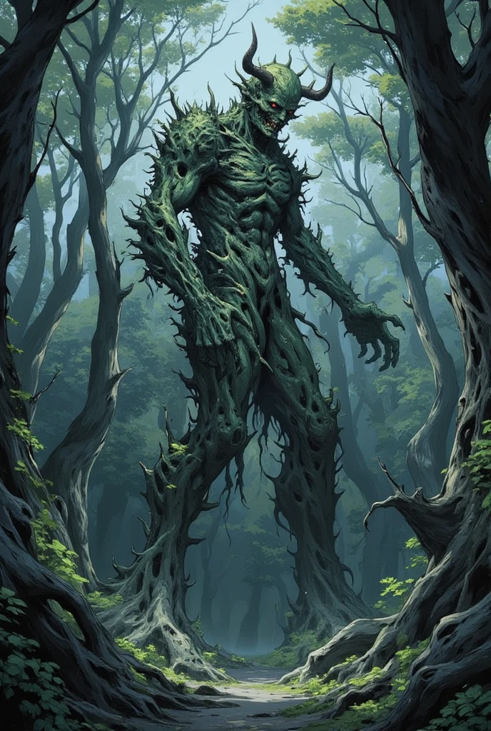 An anime, a work of art, the theme is "The Cursed Statue Deep in the Forest", a giant tree hidden deep in the forest has been twisted into the shape of a cursed demon statue, the horror of curses, a hidden presence in the misty forest on a moonlit night.