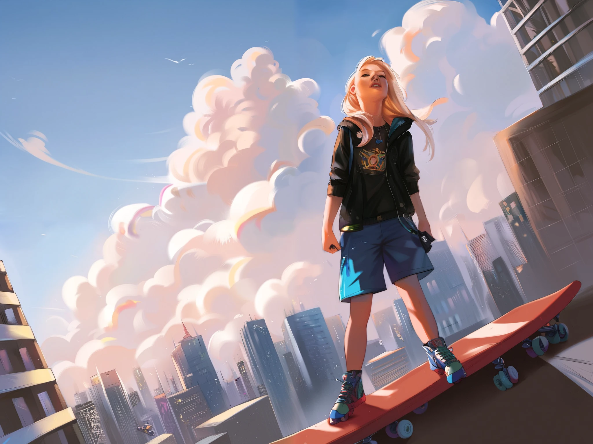 score_9, score_8_up, score_7_up, score_6_up, score_5_up, score_4_up,  
BREAK
(masterpiece: 2.0), best quality, perfect anatomy, perfect composition, perfection,
BREAK
The image is an illustration of a young girl standing on a skateboard in front of a cityscape. She is wearing a black hoodie, shorts, and roller skates with colorful designs on them. Her long hair is blowing in the wind and she is looking up at the sky with a determined expression on her face. The cityscape behind her is filled with tall buildings and skyscrapers, and there is a tall tower in the background. The sky is blue with white clouds. The overall mood of the image is energetic and vibrant.

