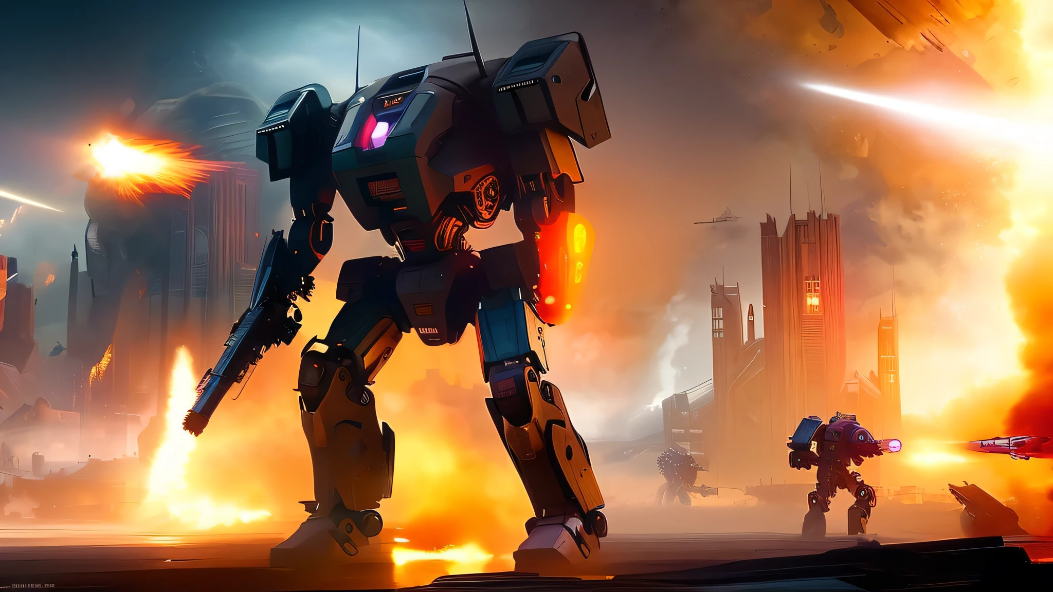 Create a highly detailed and dynamic scene of a futuristic robot war on a battlefield. Include towering, heavily armored robots engaging in combat, firing lasers and missiles, surrounded by explosions and debris. The environment should feature a war-torn cityscape with destroyed buildings and smoke rising into a dark, cloudy sky. Use a mix of metallic textures, glowing energy cores, and vibrant colors for the robots, emphasizing the intense and chaotic atmosphere of the battle.