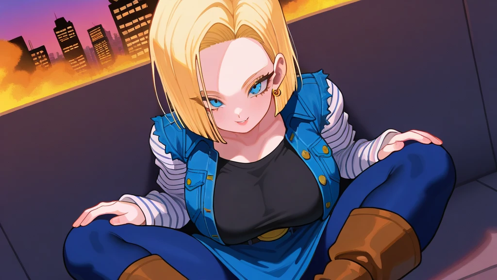 (masterpiece), (portrait), big breasts (aesthetics), ((1 female 21 years old)), Highlight earrings), ((short hair)), ((Hot crystal blonde hair)), ((Android 18)) straight hair, thin eyes open, blue eyes, cute, naughty, malicious smile, woman, feminine, beautiful, female features, top, high quality, aesthetic clothing, professional angle, (rule of thirds), (feminine), , (beautiful) , (female ) features), solo, (Korean attractive), summer, (ink haze), (afternoon), (vibrant light), seductive posture, ((face looking forward))), Android 18, denim jacket, denim skirt, boots, torn black tights, striped sleeves blouse, black strap t-shirt, jeans, sensual ((Energy)), (Bold Makeup), (Big Breasts), Fair Skin, (Clothes with Hip Hop Details), (a hot Android 18, sculptural body, sexy pose), (Sleep Neckline), Beautiful Hands, Body beautiful, beautiful ears, beautiful eyes, bright eyes, beautiful mouth, beautiful lips, sitting, crossing legs, city destruction