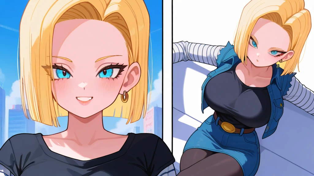 (masterpiece), (portrait), big breasts (aesthetics), ((1 female 21 years old)), Highlight earrings), ((short hair)), ((Hot crystal blonde hair)), ((Android 18)) straight hair, thin eyes open, blue eyes, cute, naughty, malicious smile, woman, feminine, beautiful, female features, top, high quality, aesthetic clothing, professional angle, (rule of thirds), (feminine), , (beautiful) , (female ) features), solo, (Korean attractive), summer, (ink haze), (afternoon), (vibrant light), seductive posture, ((face looking forward))), Android 18, denim jacket, denim skirt, boots, torn black tights, striped sleeves blouse, black strap t-shirt, jeans, sensual ((Energy)), (Bold Makeup), (Big Breasts), Fair Skin, (Clothes with Hip Hop Details), (a hot Android 18, sculptural body, sexy pose), (Sleep Neckline), Beautiful Hands, Body beautiful, beautiful ears, beautiful eyes, bright eyes, beautiful mouth, beautiful lips, sitting, crossing legs, city destruction