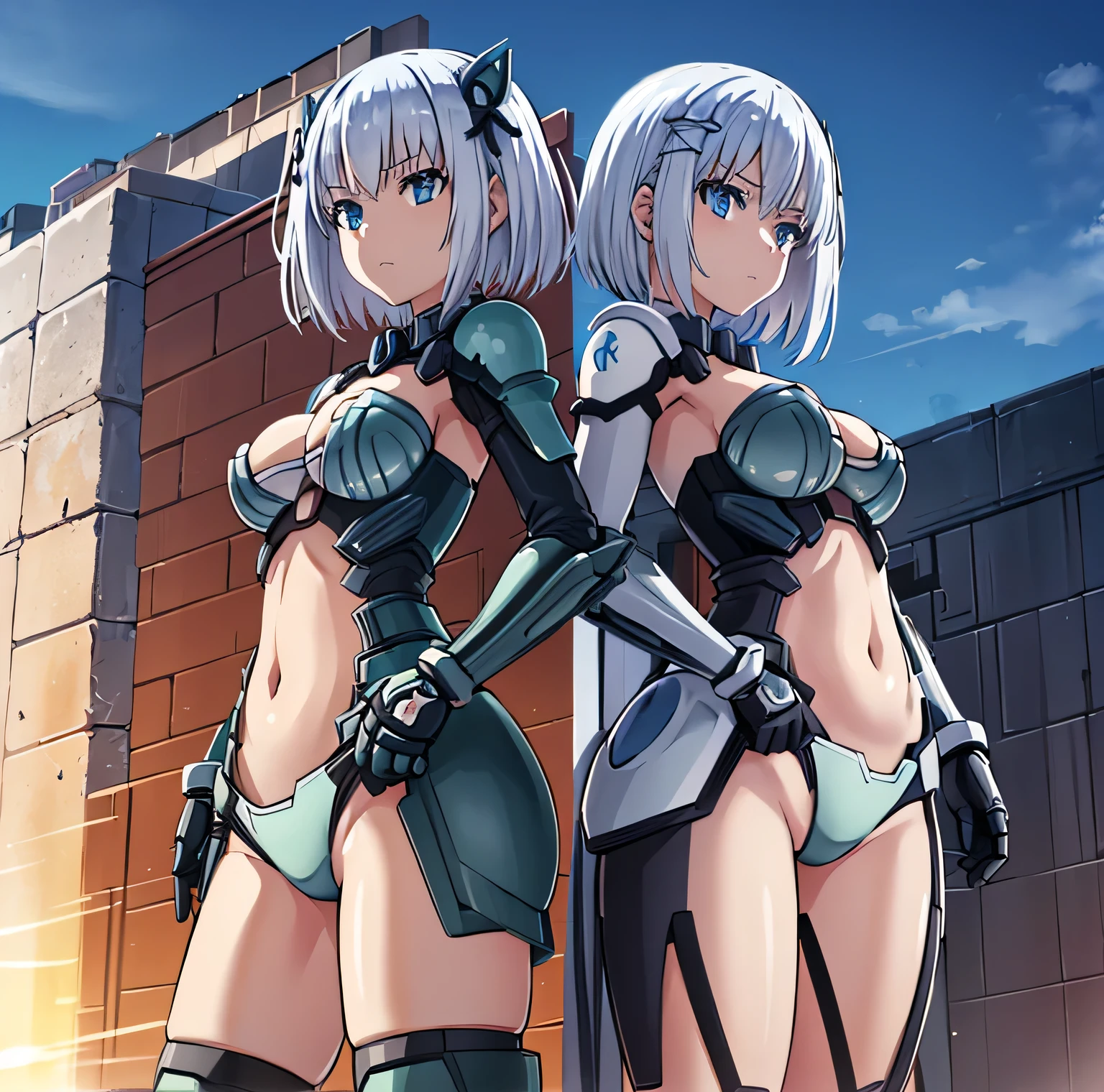 1girl,solo, anime style, masterpiece, best quality, adapted costume, cosplay, la folia rihavein, strike the blood, iris blue eyes, White hair, long hair, hair down, medium breasts, covered navel, teenage girl, Height 160cm, cleavage, , headgear, leotard, strapless leotard, thigh strap, covered navel, elbow gloves, shoulder armor, bracer, mecha musume, boots, knee boots, looking at viewer, smile, closed mouth, full body, standing, hand on own hip, outdoors, cyberpunk, ast outfit