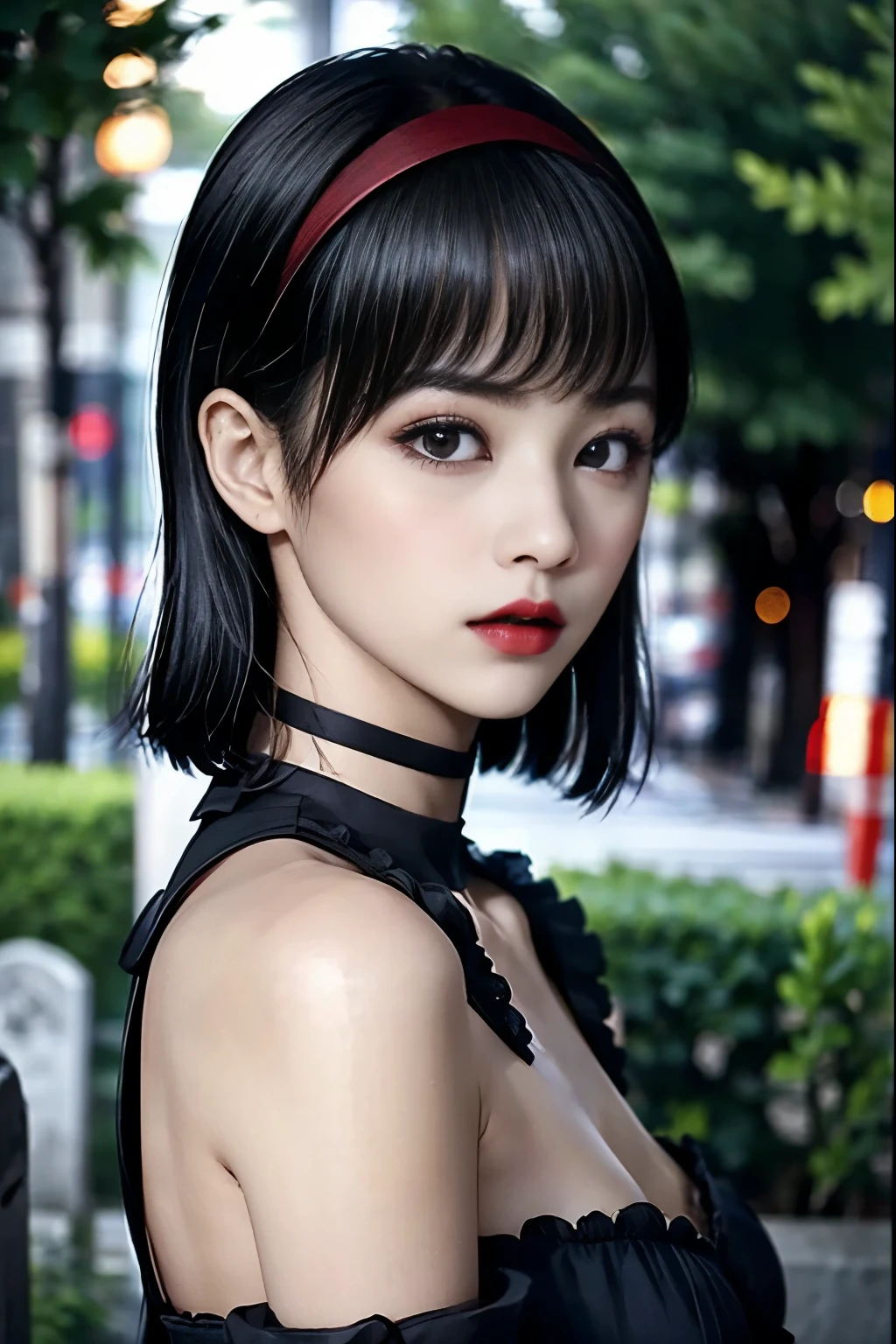  black hair、 Very Shorthair、Deep red lipstick、 Black Off-the-Shoulder、 black choker with long sleeves 、２５The Old Countess's Daughter 、((Late Night)),Cemetery、 uneasy expression、