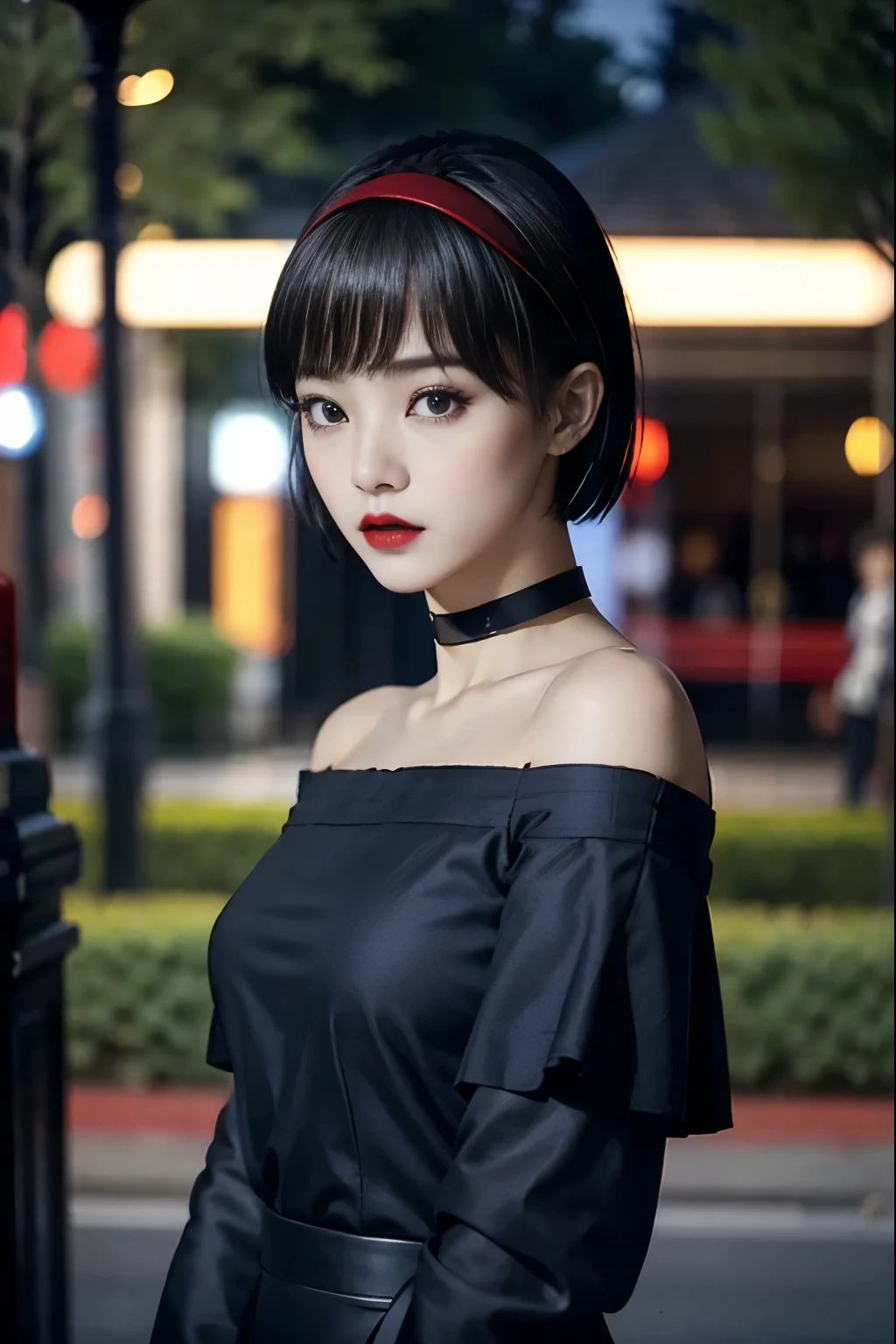  black hair、 Very Shorthair、Deep red lipstick、 Black Off-the-Shoulder、 black choker with long sleeves 、２５The Old Countess's Daughter 、((Late Night)),Cemetery、 uneasy expression、