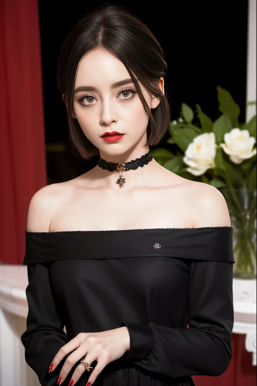  black hair、 Very Shorthair、Deep red lipstick、 Black Off-the-Shoulder、 black choker with long sleeves 、２５The Old Countess's Daughter 、Cemetery at midnight、 uneasy expression、