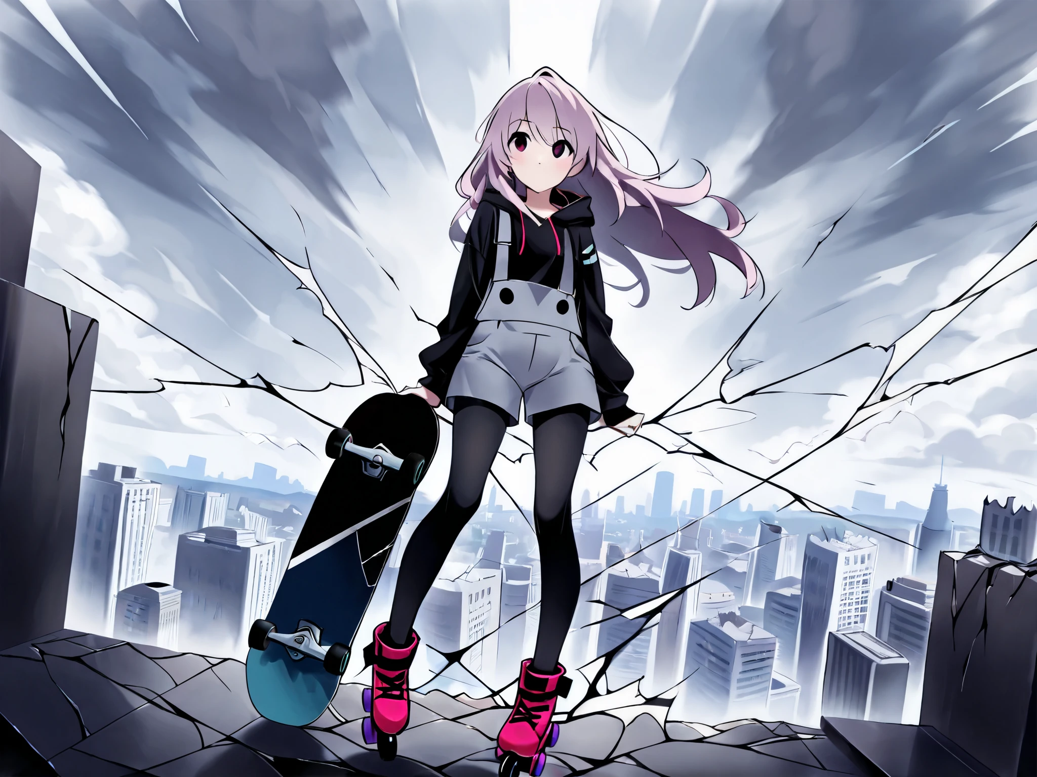 score_9, score_8_up, score_7_up, score_6_up, score_5_up, score_4_up,
BREAK
(masterpiece: 2.0), best quality, perfect anatomy, perfect composition, perfection,
BREAK
The image is an illustration of a young girl standing on a skateboard in front of a cityscape. She is wearing a black hoodie, shorts, and roller skates with colorful designs on them. Her long hair is blowing in the wind and she is looking up at the sky with a determined expression on her face. The cityscape behind her is filled with tall buildings and skyscrapers, and there is a tall tower in the background. The sky is blue with white clouds. The overall mood of the image is energetic and vibrant.