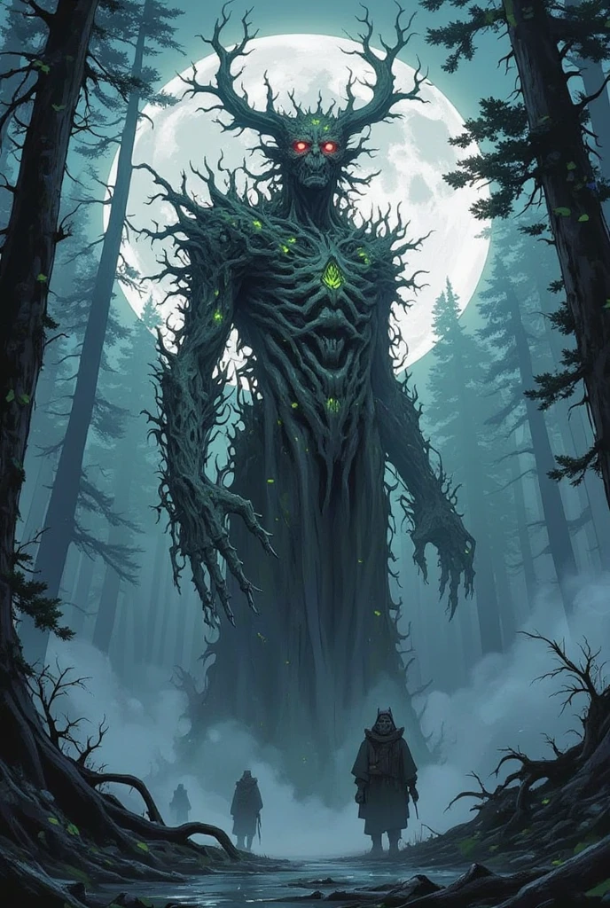 An anime, a work of art, the theme is "The Cursed Statue Deep in the Forest", a giant tree hidden deep in the forest has been twisted into the shape of a cursed demon statue, the horror of curses, a hidden presence in the misty forest on a moonlit night.