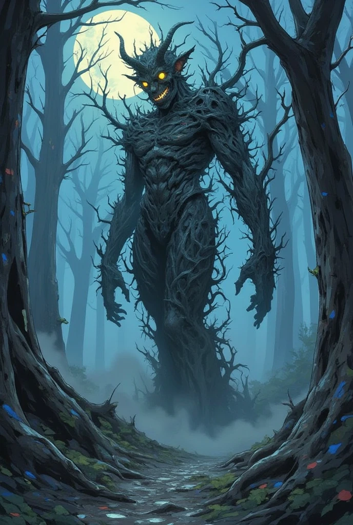 An anime, a work of art, the theme is "The Cursed Statue Deep in the Forest", a giant tree hidden deep in the forest has been twisted into the shape of a cursed demon statue, the horror of curses, a hidden presence in the misty forest on a moonlit night.