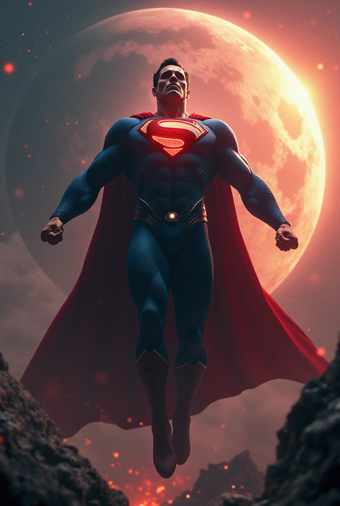 Close a powerful threat, The imposing appearance of the mighty Superman dressed in orange uniform, menacing stare, ricamente detalhado, Hiper realista, 3D-rendering, obra-prima, NVIDIA, RTX, ray-traced, Bokeh, Night sky with a huge and beautiful full moon, estrelas brilhando, 8k,