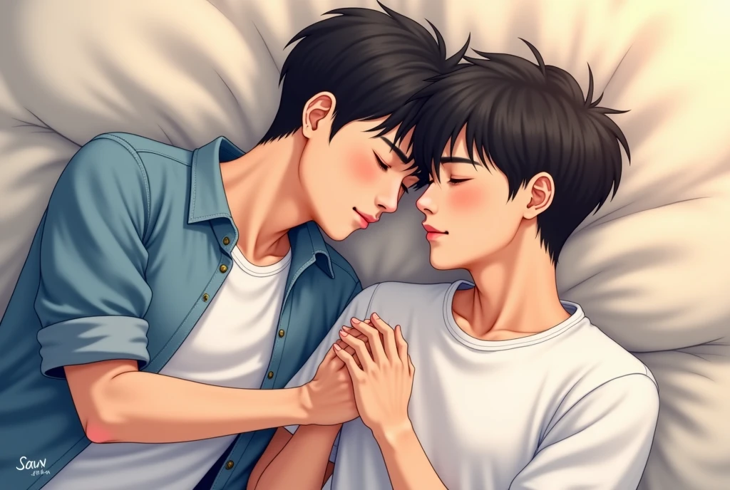 Gay boyfriends, young light-skinned man with straight black hair wearing a black t-shirt and young white man with straight black hair and a white t-shirt lying in bed