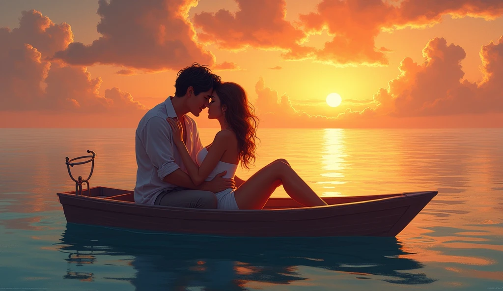 Beneath the soft glow of the moonlight, an Indian couple kisses tenderly on a traditional wooden boat floating along the serene Ganges river, the reflections on the water's surface shimmering like liquid silver, a sense of tranquility and spirituality fills the air, Sculpture, carved from marble with intricate details, capturing the ethereal beauty of the moment,