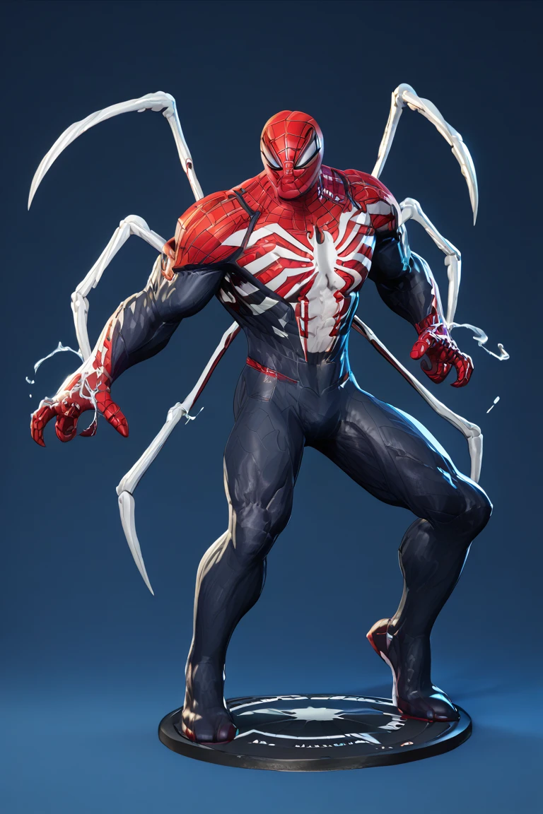 Spider-man
The Cyber Arachnaut suit is sleek and menacing:
	•	A metallic black and crimson body with glowing blue energy conduits resembling spider legs branching across his torso and limbs.
	•	The mask is angular and featureless, save for glowing, eight-pointed eyes that shift intensity based on his emotional state.
	•	The forearms feature retractable claws and emitters for energy-based attacks.
	•	The back holds modular thrusters and an extendable “arachnid rig” of mechanical legs used for scaling walls, hacking terminals, or grappling enemies.