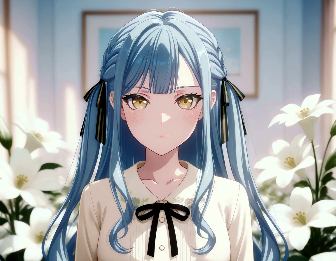 togawa sakiko,long hair,bangs,ribbon,hair ribbon,black ribbon,two side up,blue hair,grey hair,sidelocks,blunt bangs,yellow eyes score_9, score_8_up, score_7_up, full face, girl, blue long hair, white flowers, , , looking at viewer,