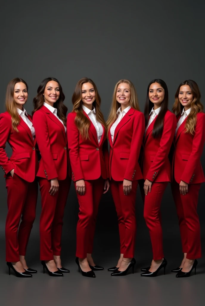 full body photo of 9 beautiful girls aged 25 years, clean round faces, all couples wearing formal red suits, white shirts, standing neatly in a row on the left gracefully, photo with a black and gray background, smiling