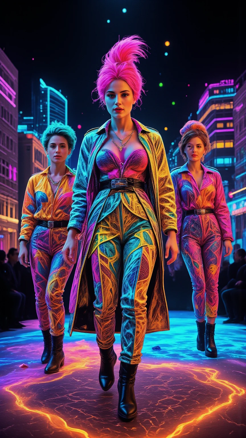 Create a hyper-realistic depiction of a vibrant 1980s music stage set against a dazzling neon cityscape. The scene features a dynamic fashion models, showcasing unique 80s style clothing, complete with bold patterns and extravagant accessories. Capture the raw emotion and excitement of the moment, with models strutting confidently under bright neon lights, surrounded by an serialism fantasy dreamy magical objects immersed in the spectacle. Incorporate unusual and vibrant colors, with a backdrop of holographic elements and psychedelic designs, evoking a sense of trippy nostalgia. Include intricate details like a honeycomb pattern in the stage design, enhancing the overall atmosphere of this magical, electrifying night.