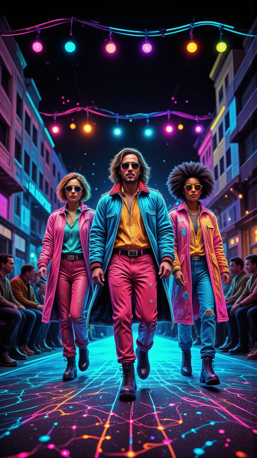 Create a hyper-realistic depiction of a vibrant 1980s music stage set against a dazzling neon cityscape. The scene features a dynamic fashion models, showcasing unique 80s style clothing, complete with bold patterns and extravagant accessories. Capture the raw emotion and excitement of the moment, with models strutting confidently under bright neon lights, surrounded by an serialism fantasy dreamy magical objects immersed in the spectacle. Incorporate unusual and vibrant colors, with a backdrop of holographic elements and psychedelic designs, evoking a sense of trippy nostalgia. Include intricate details like a honeycomb pattern in the stage design, enhancing the overall atmosphere of this magical, electrifying night.